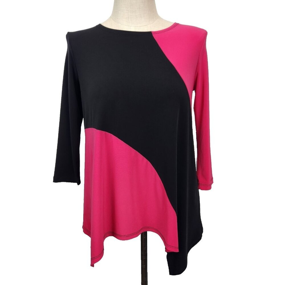 Clara Sun Woo Long Sleeve Tunic‎ Top S Black Pink Colorblock Pull Over Slinky